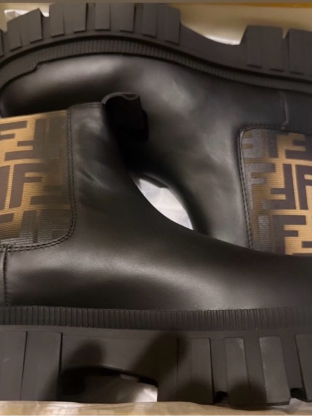 Fendi Black Leather Chelsea Boots with Brown FF Monogram Panels